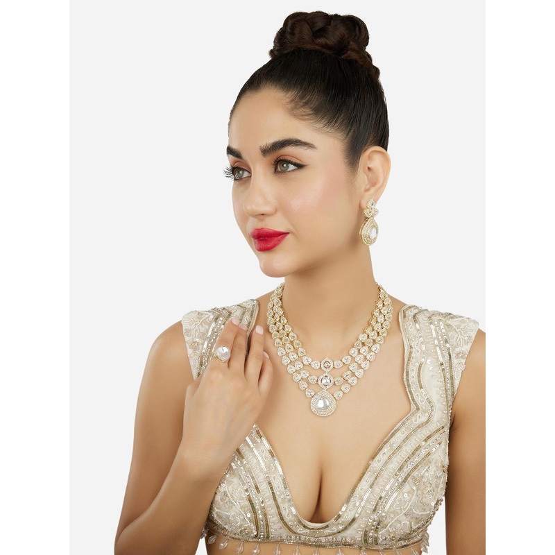 Zaveri Pearls Gold-Plated Austrian Diamonds-Studded Layered Jewellery Set