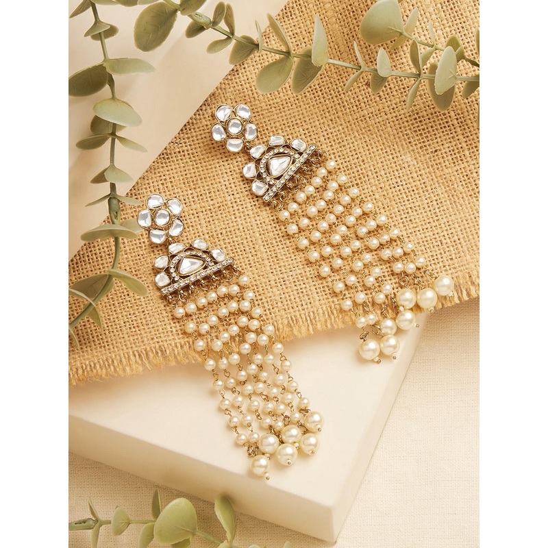 Zaveri Pearls Gold Plated Kundan Studded Contemporary Drop Earrings