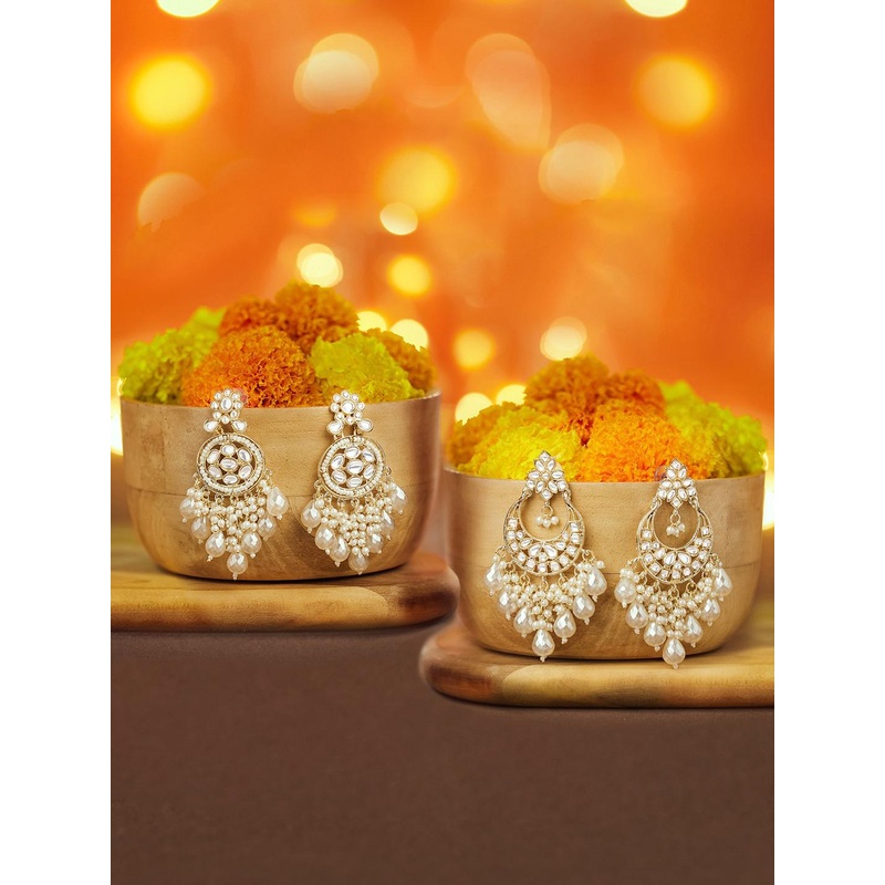 Zaveri Pearls Set Of 2 Gold-Plated Artificial Stones Studded & Beaded Drop Earrings