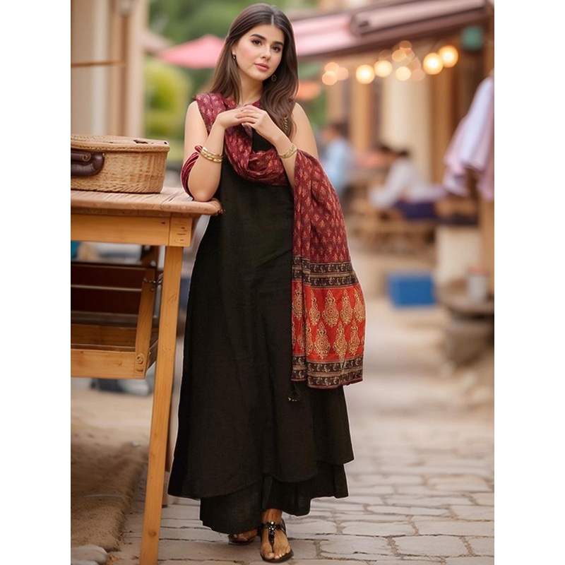 Aaghnya Round Neck A-Line Kurta With Palazzos & Dupatta