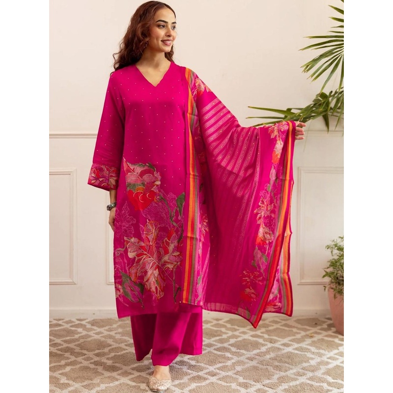 Aaghnya Women Viscose Rayon Floral Printed Regular Kurta with Palazzos & With Dupatta