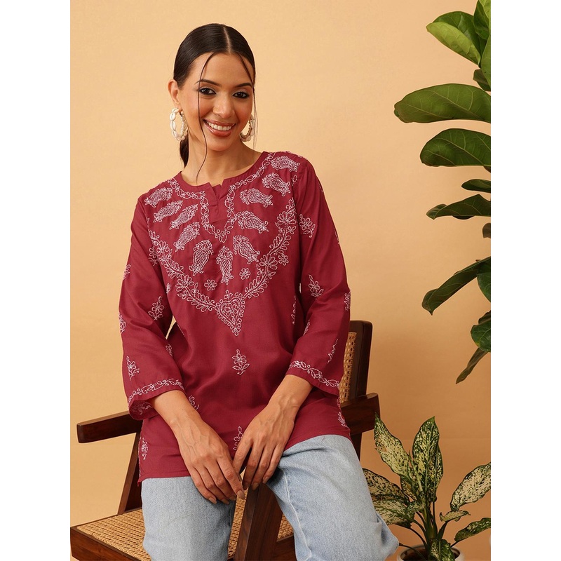 ADA Women Maroon & White Chikankari Embroidered Pure Cotton Straight  Kurti