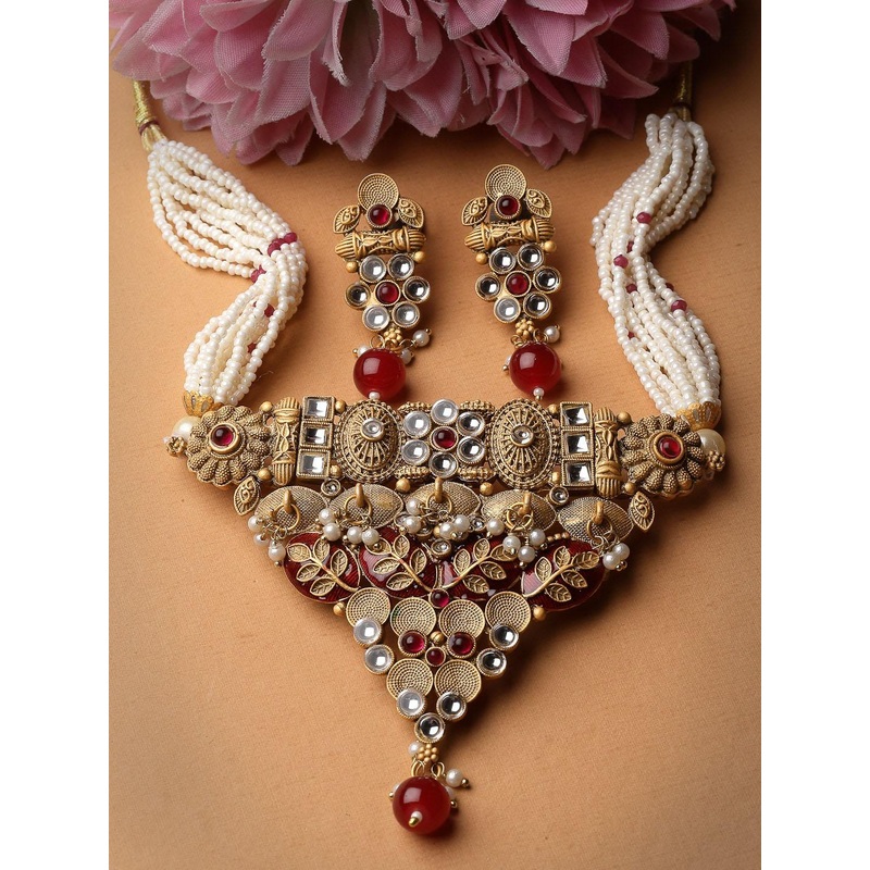 ADIVA Gold-Plated Kundan Stone Studded & Beaded Jewellery Set