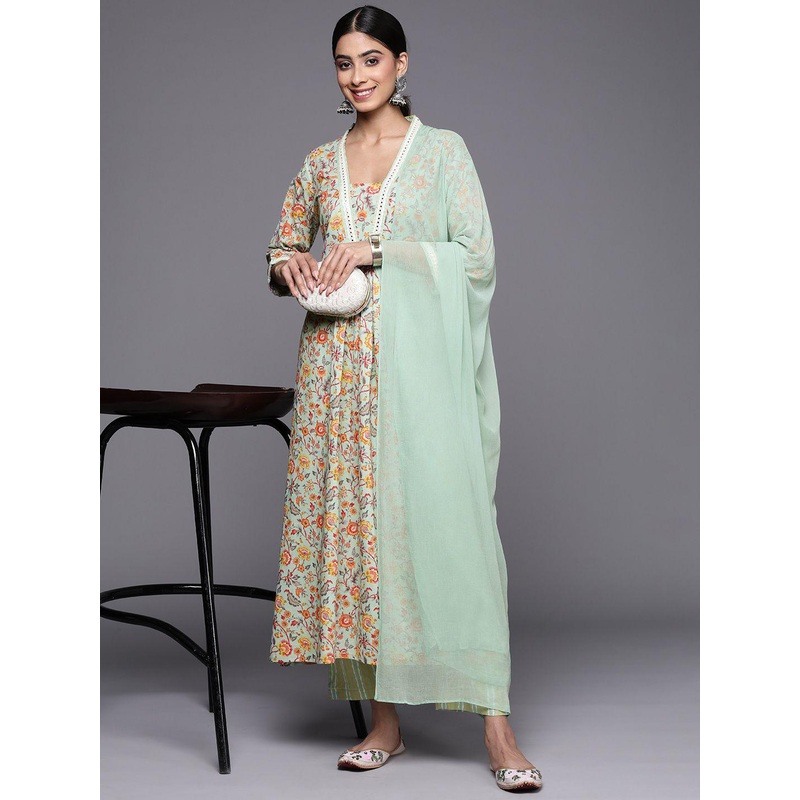 all about you Floral Printed Mirror Work A-Line Kurta With Trousers & Dupatta