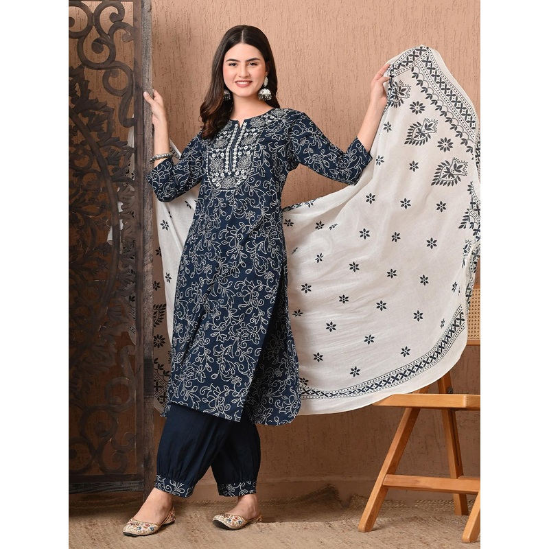 Anouk Bandhani Printed Thread Work Notch Neck Pure Cotton Kurta With Salwar & Dupatta