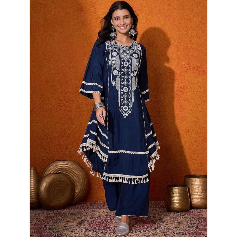 DIVASTRI Women Viscose Rayon Embroidered Mirror Work Kurta with Palazzos