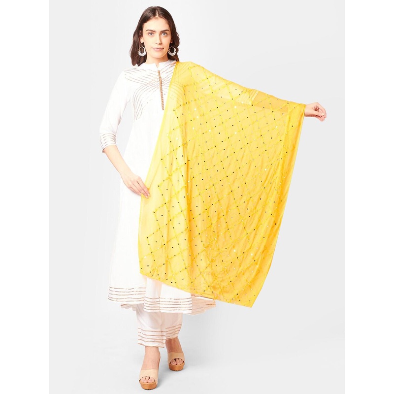 Dupatta Bazaar Yellow & White Ethnic Motifs Embroidered Dupatta with Mirror Work