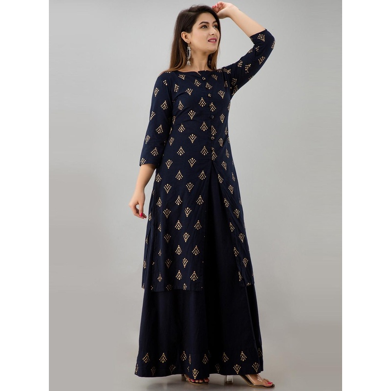 HERE&NOW Navy Blue & Gold-Toned Ethnic Motifs Printed Kurta with Skirt