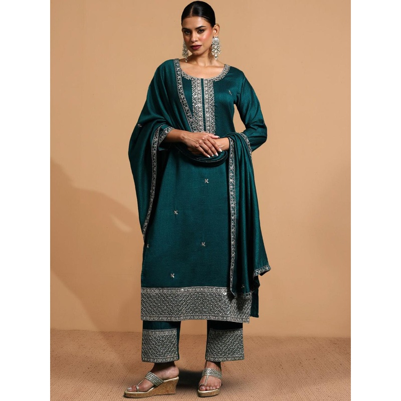 House of Pataudi Embroidered Zari Cotton Silk Straight Kurta & Trousers With Dupatta