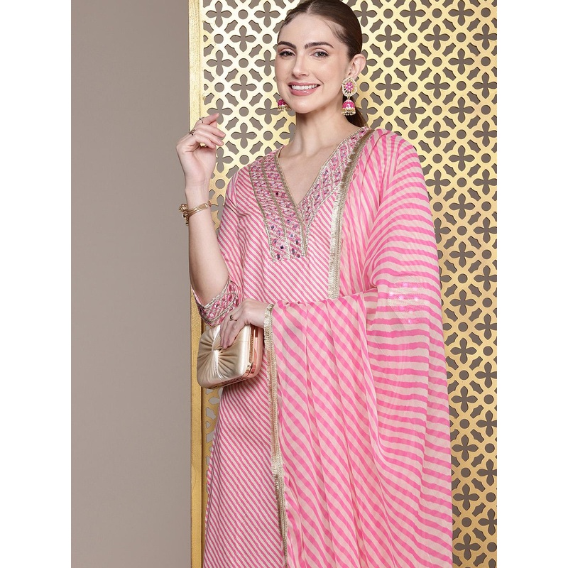 House of Pataudi Women Striped Mirror Work Pure Cotton Jashn Kurta With Palazzos & Dupatta