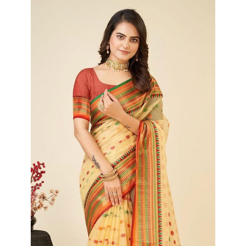 House Of Pataudi Woven Design Cotton Kota Saree With Unstitched Blouse Piece