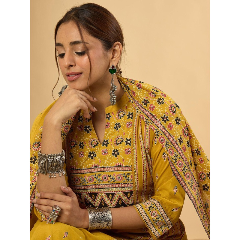 Indo Era Women rinted Panelled Pure Cotton Kurta with Trousers & With Dupatta