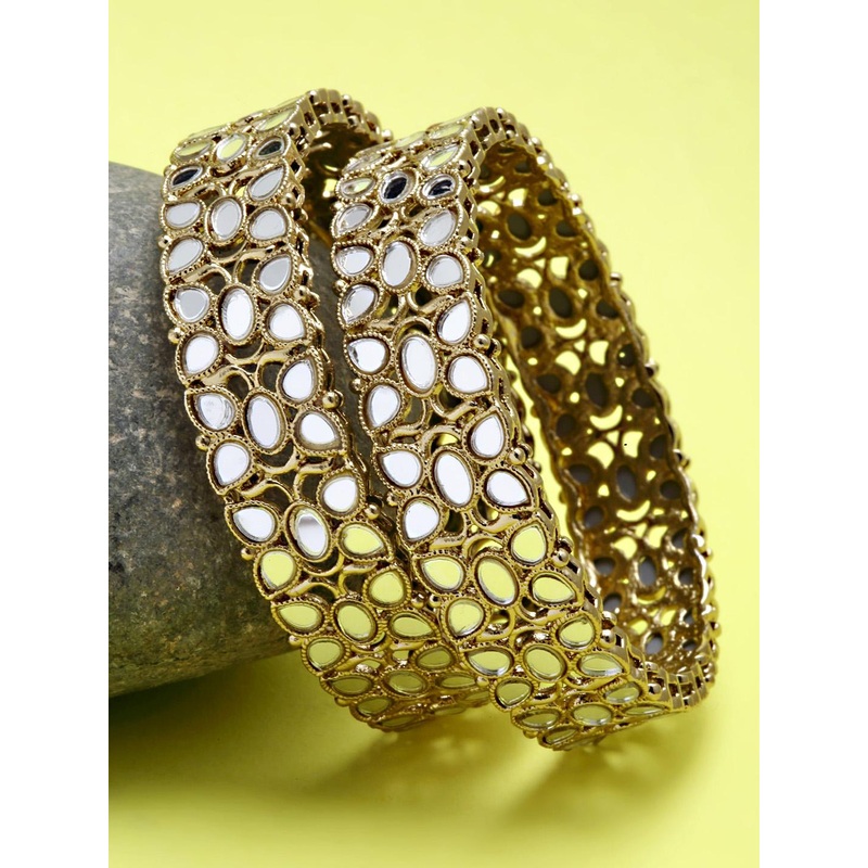 KARATCART Set Of 2 Gold-Plated White Kundan-Studded Jadau Bangles