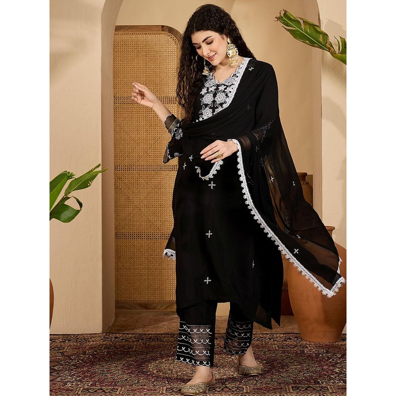 Sangria Chikankari Embroidered A-Line Kurta & Trousers With Dupatta