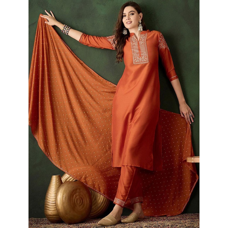 Sangria Zari Sequence Embroidered Straight Kurta & Trouser With Dupatta