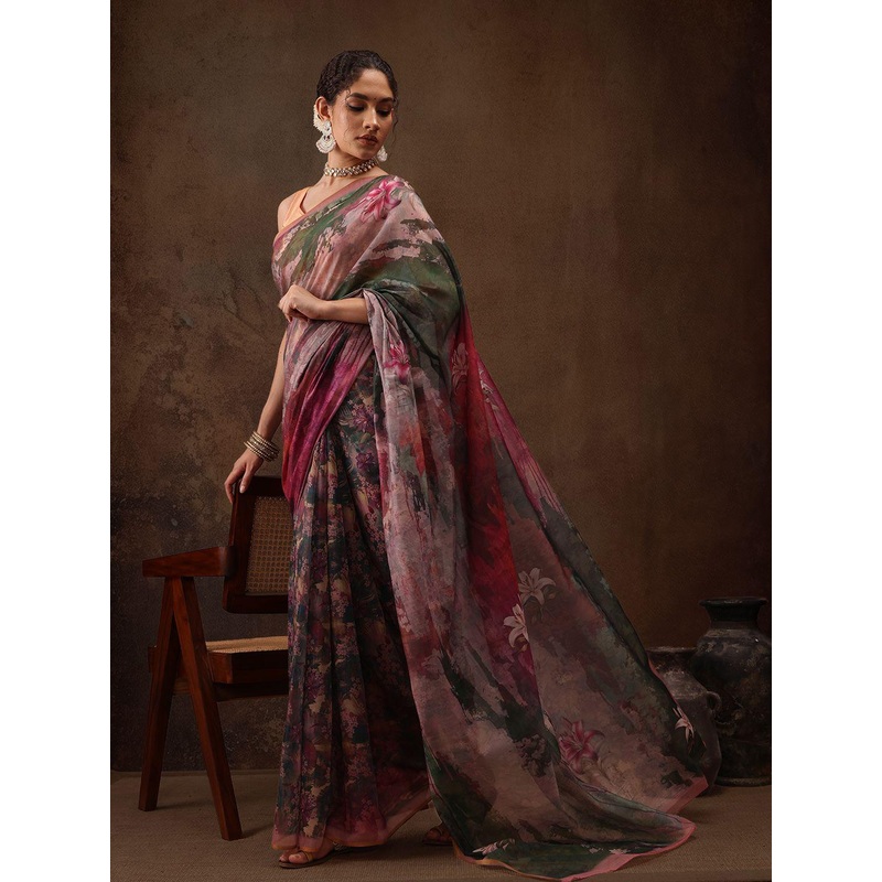Silk Land Floral Cotton Silk Digital Print Saree