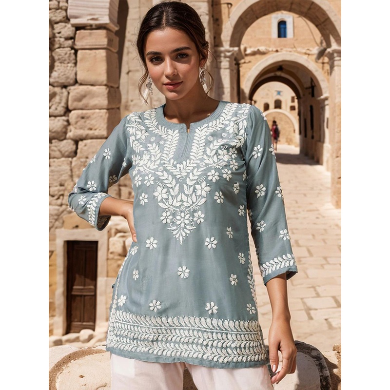 Sitaram Designer Floral Embroidered Chikankari Straight Kurti