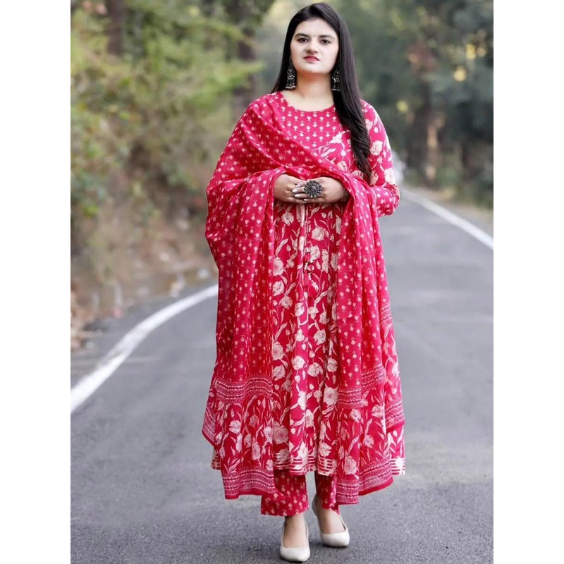 YUSRA Floral Printed Round Neck A-Line Kurta With Trousers & Dupatta
