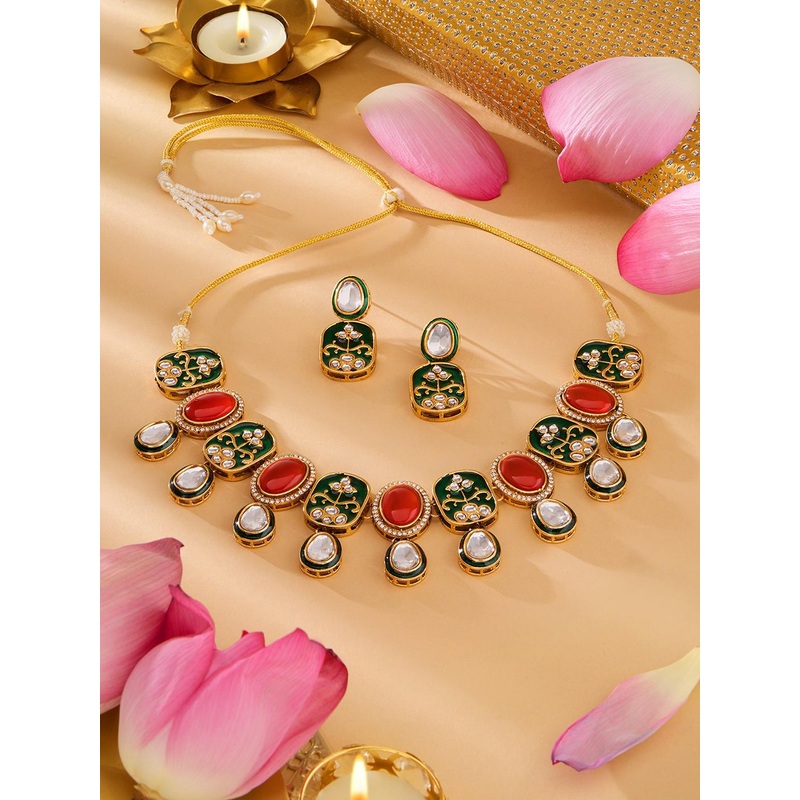 Zaveri Pearls Gold-Plated Stone Studded Meenakari Jewellery Set