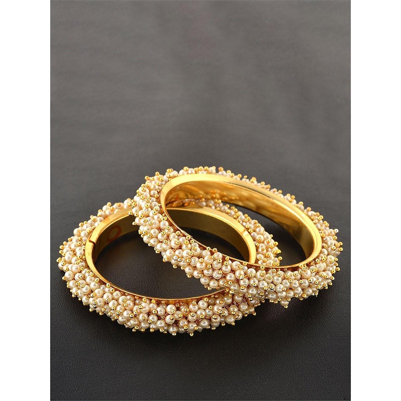 ZENEME Set Of 2Gold Plated White Pearl Studded Bangle