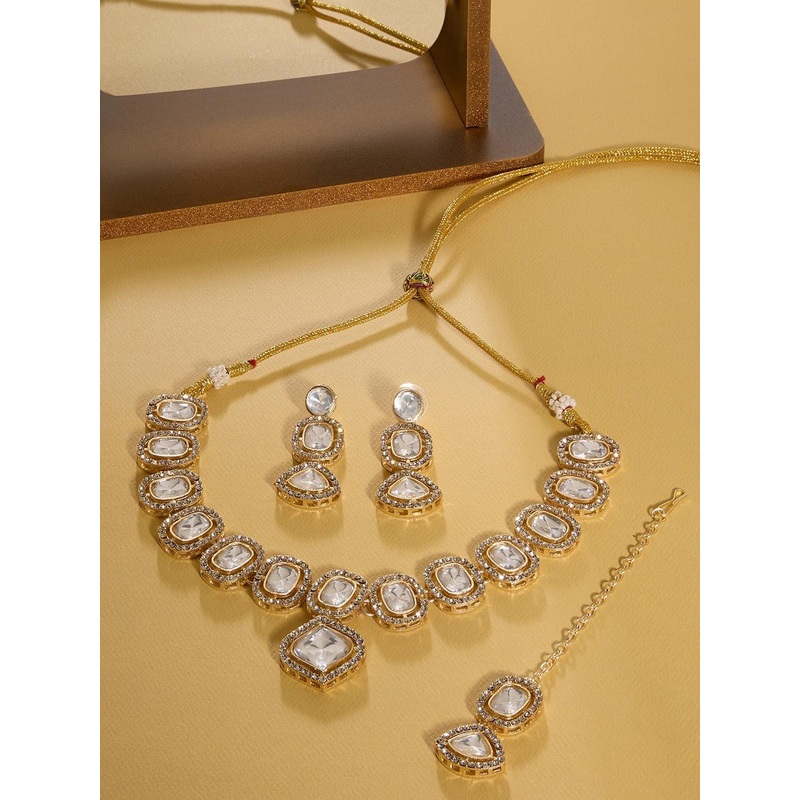 AMI Gold Plated Stones Studded Necklace and Earrings With Maang Tika