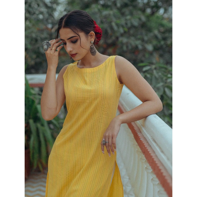 anayna Women Yellow Pure Cotton Kantha Work Striped Kurta