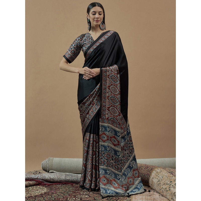Anouk Ajrak Block Poly Crepe Block Print Saree