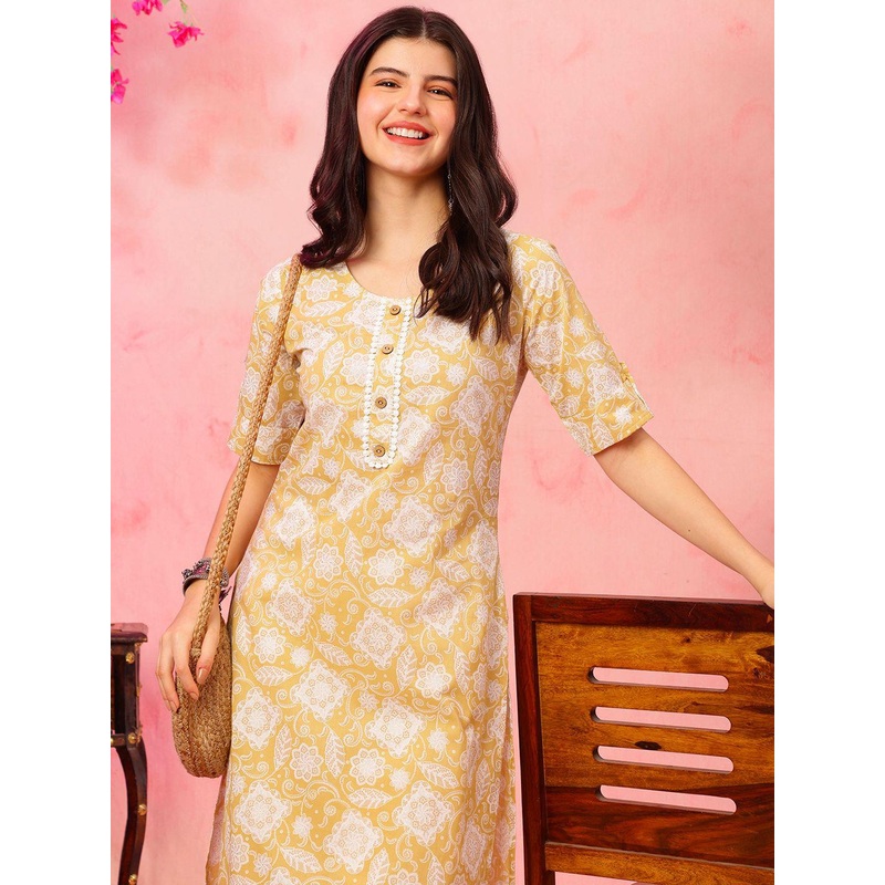 Anouk Rustic Floral Printed Round Neck Cotton Straight Kurta