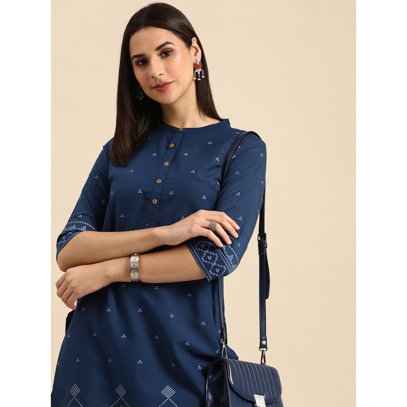 Anouk Women Mandarin Collar Bandhani Printed Indigo Kurta