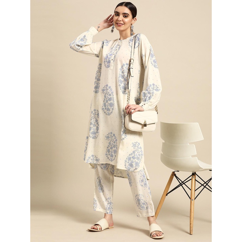 Anouk Women Paisley Printed Pleated High-Low Kurta with Trousers