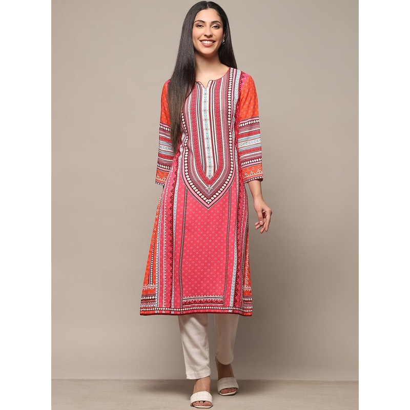 Biba Geometric Printed Notched Neck Pure Cotton Straight Kurta