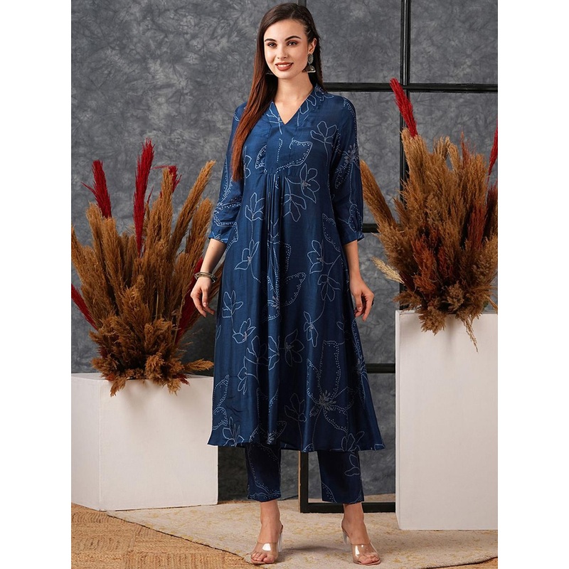 GoSriKi Floral Printed V-Neck Anarkali Kurta With Trouser