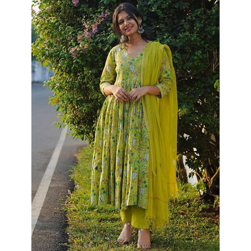 GoSriKi Floral Printed V-Neck Anarkali Kurta With Trousers And Dupatta