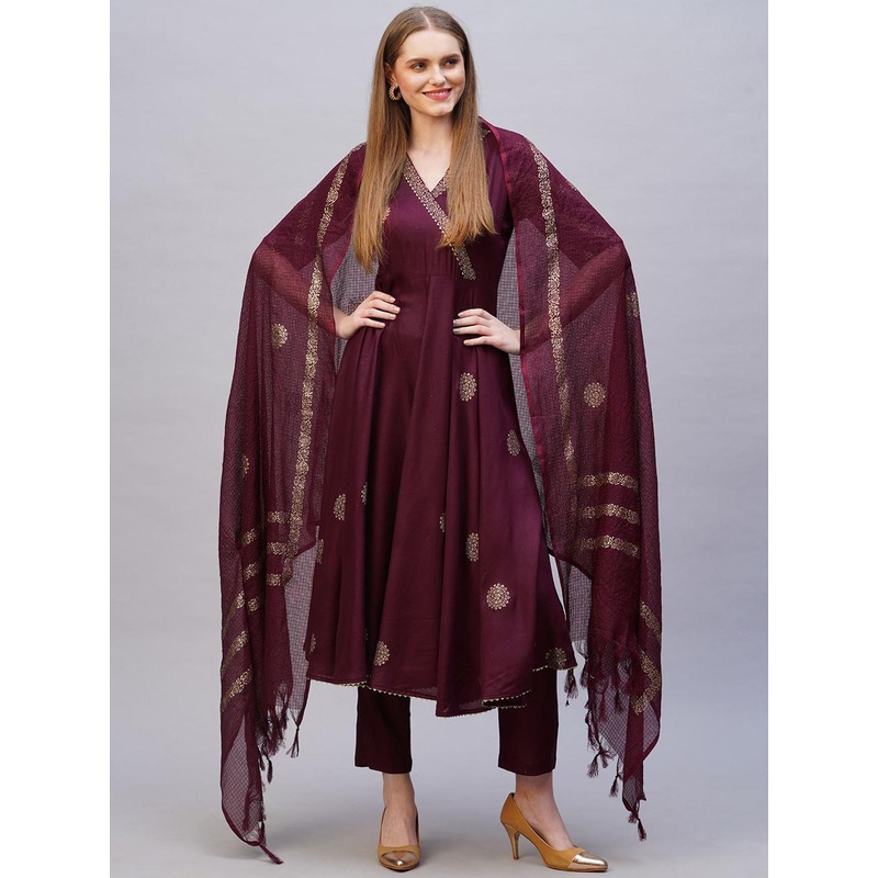 GoSriKi Floral Printed V-Neck Anarkali Kurta With Trousers & Dupatta