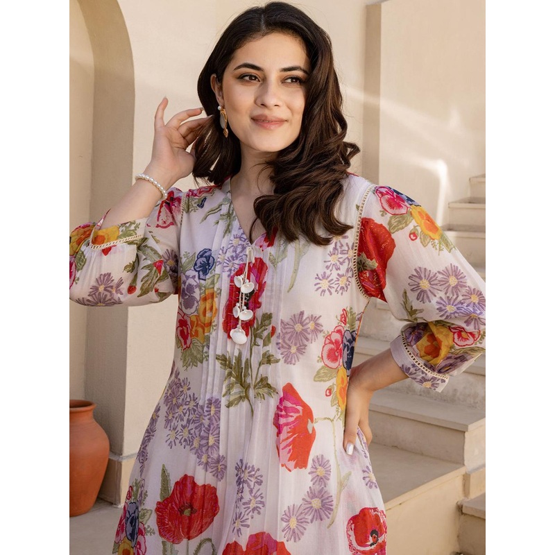 Indo Era Women Floral Printed V-Neck Pure Cotton A-Line Kurta with Trouser