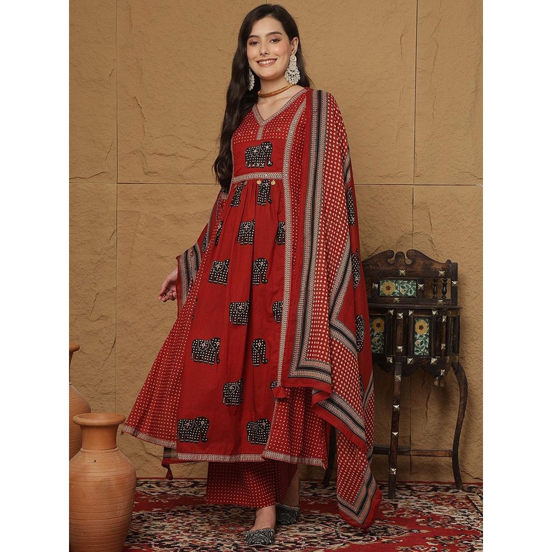 Sangria Animal Printed Pure Cotton V-Neck Mirror Work Kurta with Palazzos With Dupatta