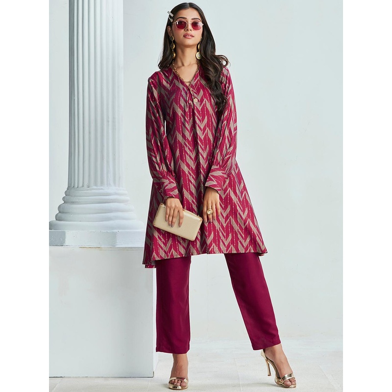Sangria Chevron Printed A-Line Kurta With Trouser
