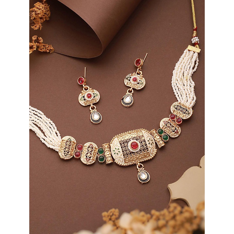 Saraf RS Jewellery Gold-Plated AD-Studded Filigree Choker Jewellery Set