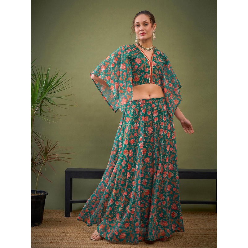 Shae by SASSAFRAS Green Floral Printed Ready to Wear Lehenga Choli