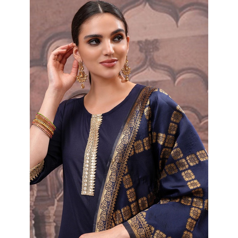 Vishudh Navy Blue Mirror Work Zari Straight Kurta with Palazzo & Dupatta