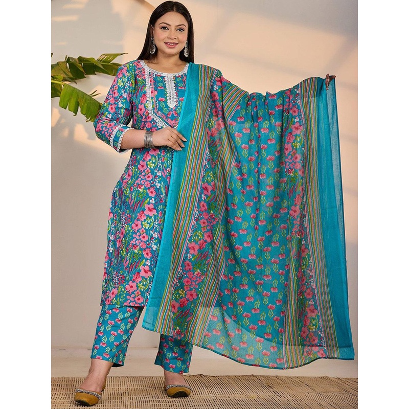 Yufta Women Plus Size Floral Embroidered Pure Cotton Regular Kurta Set