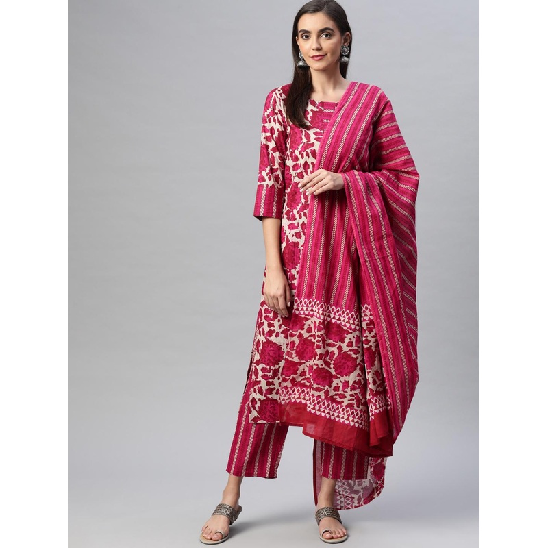 Yuris Women Magenta Printed Pure Cotton Kurta with Trousers & With Dupatta