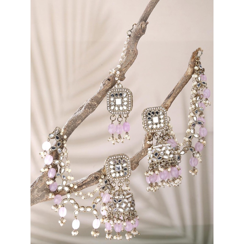 ZENEME Gold Plated Kundan Studded Pearl Beaded Bahubali Maang Tikka Jhumka With Ear chain Earring