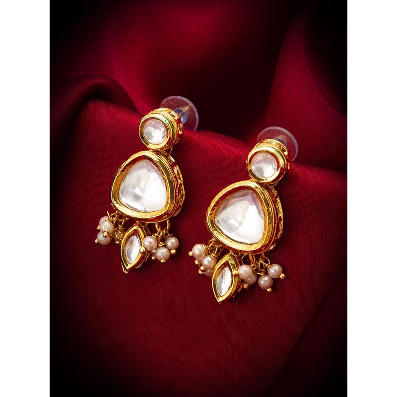 aadita Gold-Plated Kundan-Studded & Pearl-Beaded Contemporary Drop Earrings