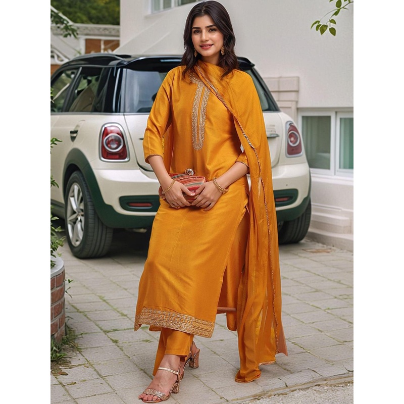 Aaghnya Floral Yoke Design Thread Work Straight Kurta With Trousers & Dupatta