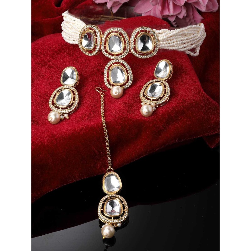 ADIVA Gold-Plated Kundan Stone Studded & Pearls Beaded Jewellery Set