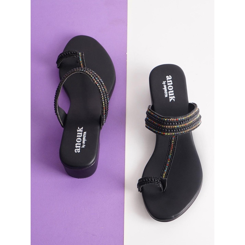 Anouk Black Embellished One Toe Block Heels