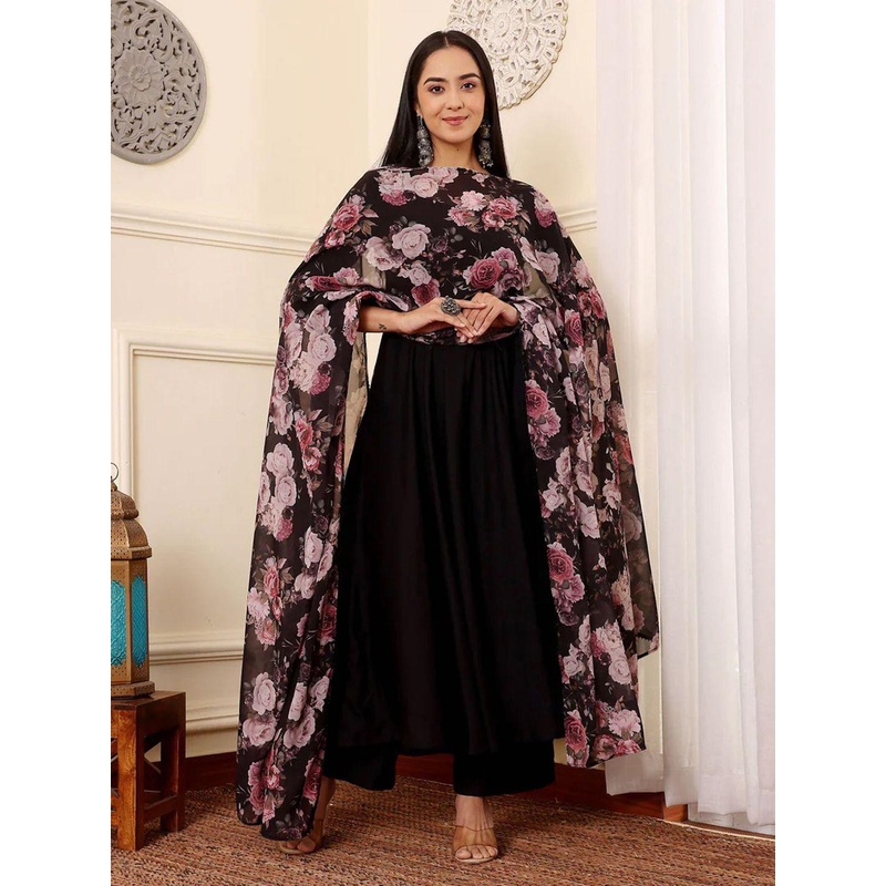 BAESD Women Floral Printed Dupatta With Round Neck Kurta & Palazzos Set