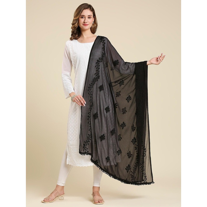 Dupatta Bazaar Embroidered Chiffon Dupatta With Pom Pom Lace