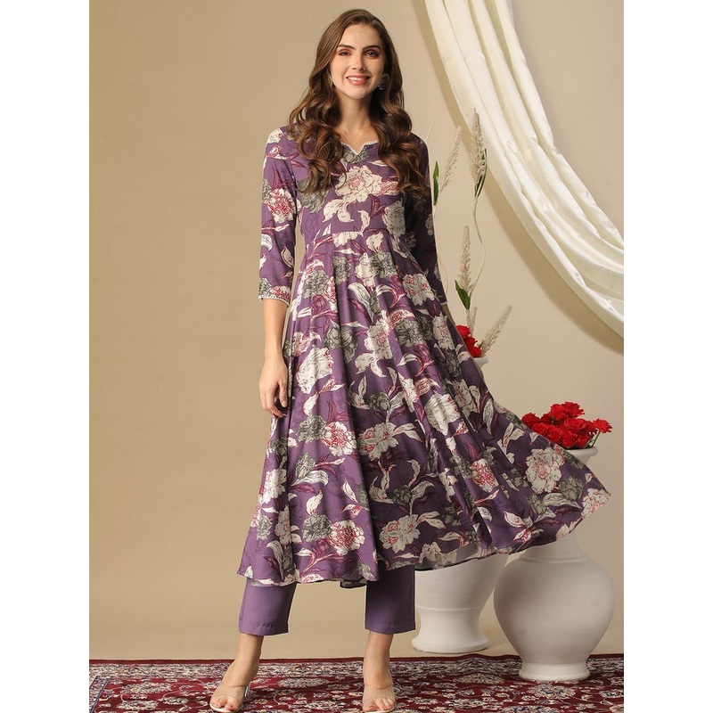 GoSriKi Floral Printed Notched Neck Anarkali Kurta With Trousers